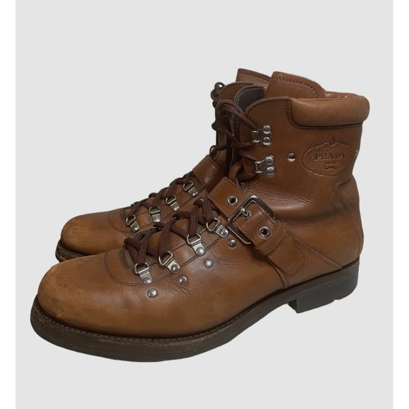 Mens Prada Brown Leather Combat Moto Boots size Prada US 13 - Picture 2 of 10